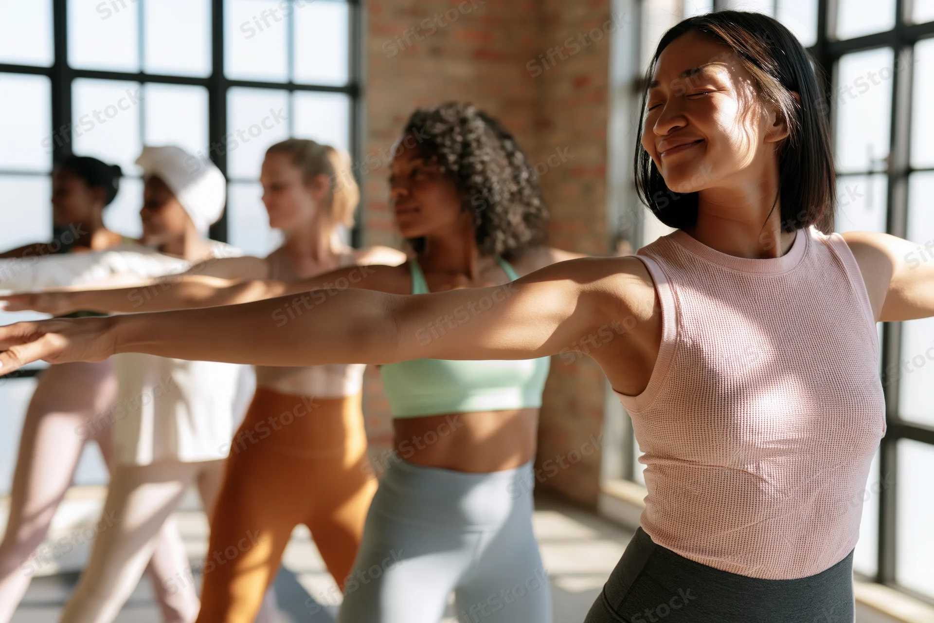 Women stretching in unison during yoga class in sunlit studio with grid windows