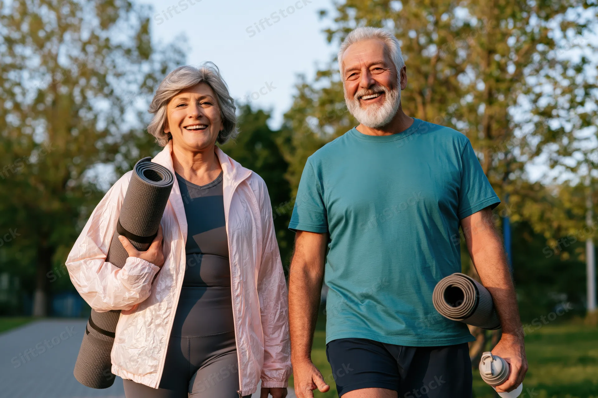 Senior couple walking in a park with yoga mats and water bottles, smiling at camera