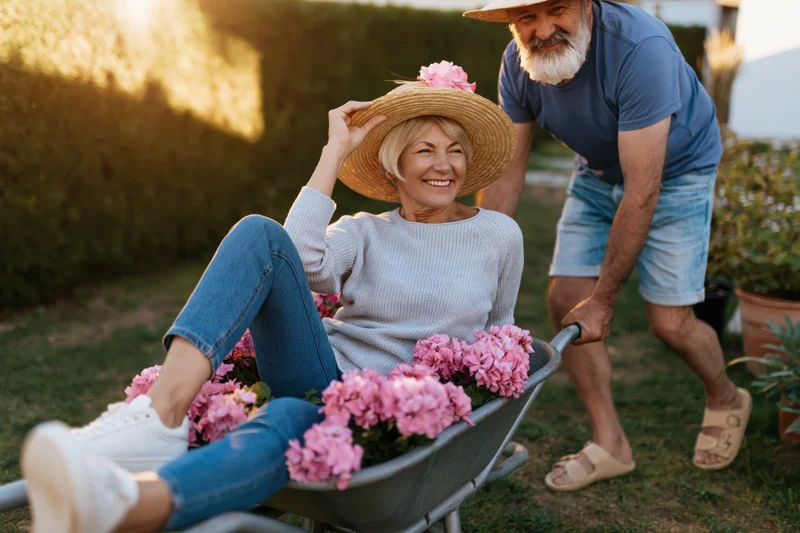 Senior couple enjoying garden together, woman in wheelbarrow with pink flowers, man pushing, smiling, outdoors in yard at golden hour