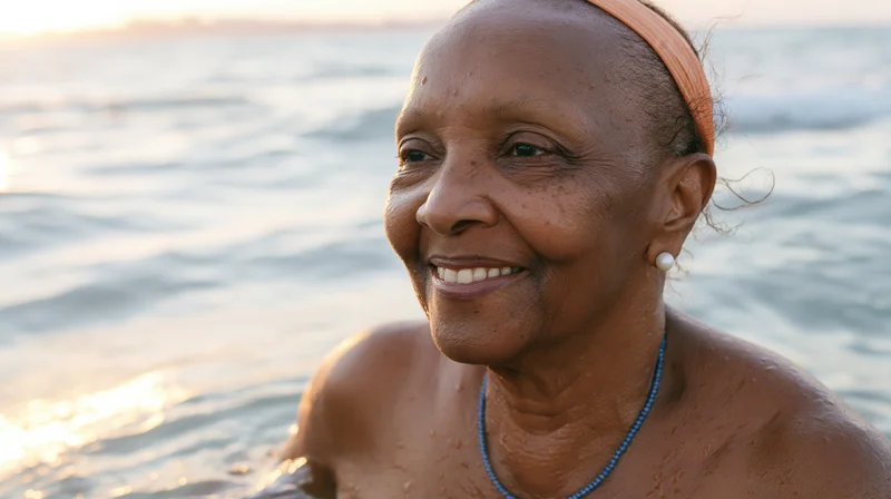 Smiling senior africanamerican woman at beach during sunset