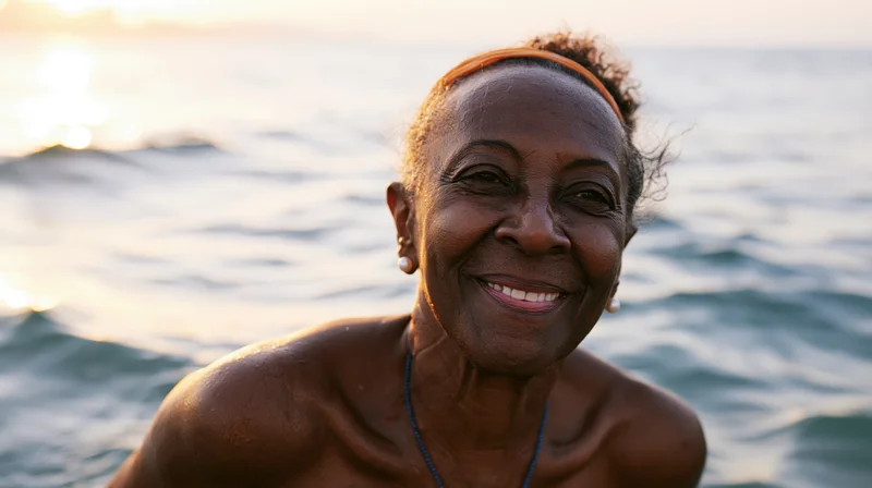 Smiling senior africanamerican woman at beach during sunset