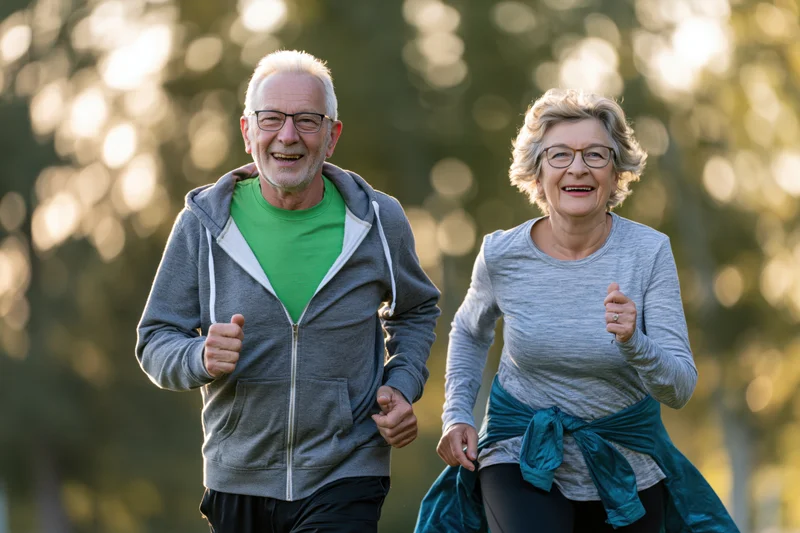 Senior couple jogging outdoors in a park smiling with energy