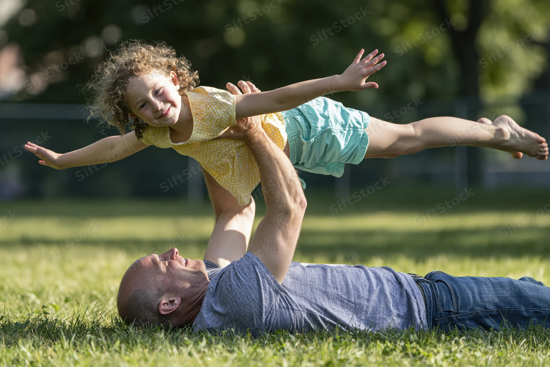 Father lying on grass lifting daughter in air while she smiles