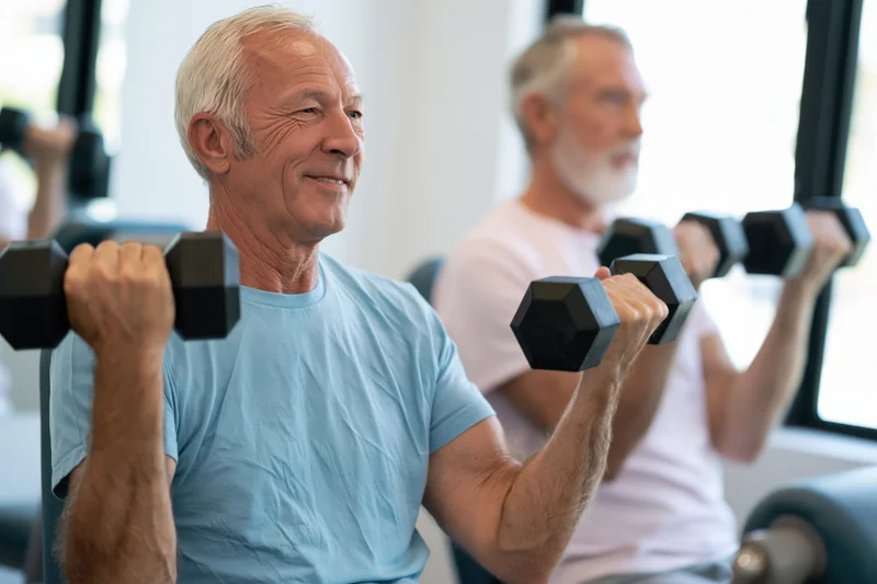 Senior man lifting dumbbells in a gym while smiling, with another man exercising in the background