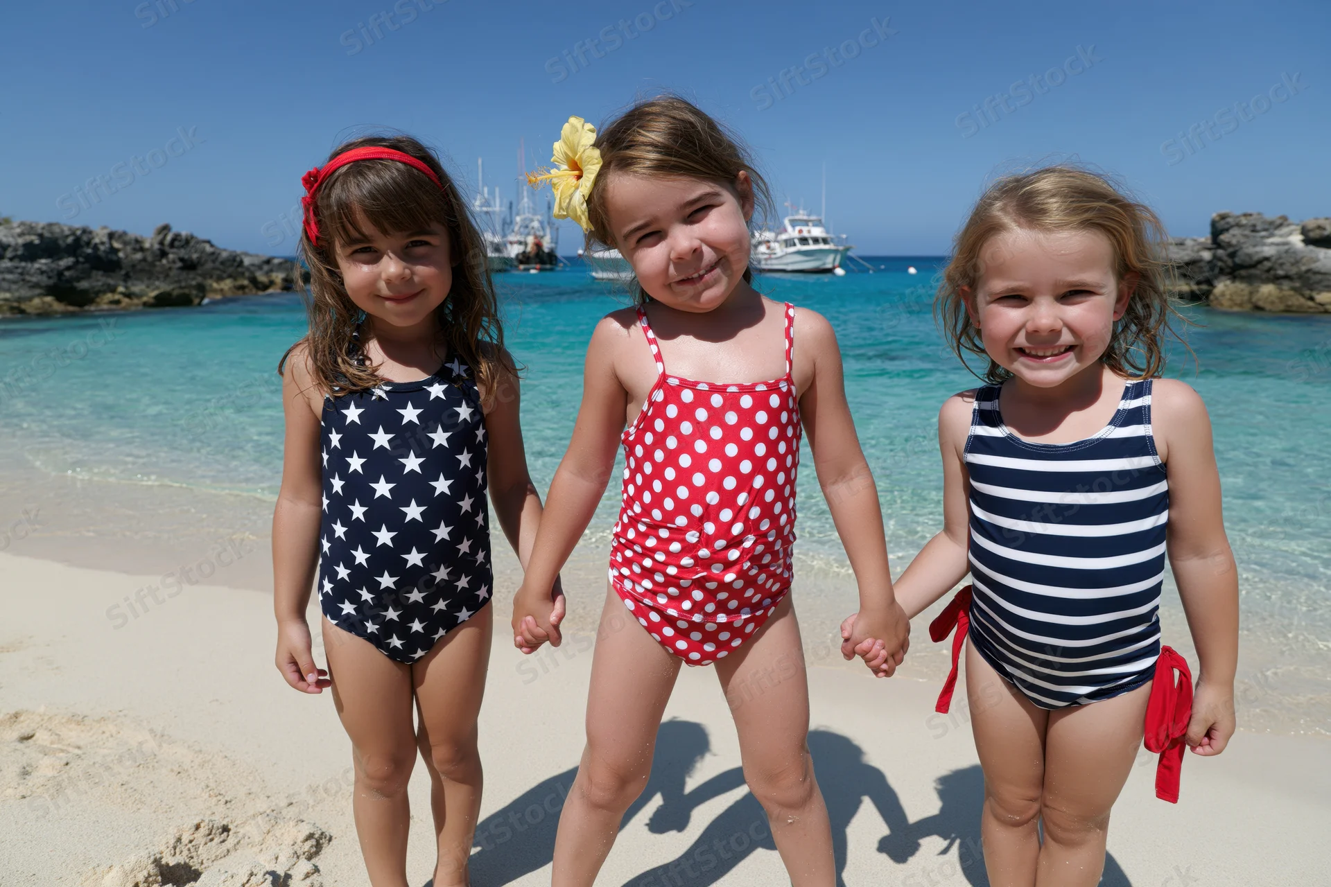 Three young girls holding hands on a sunny beach with turquoise water and boats in the background