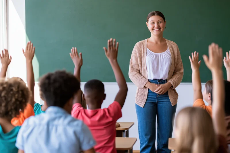 Smiling female teacher standing before students raising hands in classroom