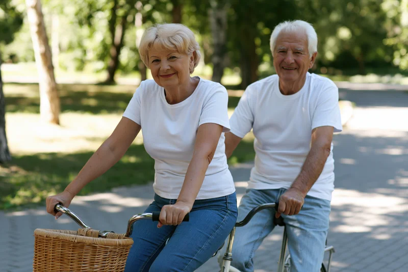 Senior couple cycling together in a park on a sunny day