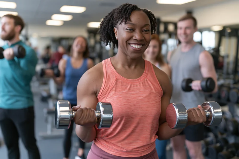 Smiling black woman lifting dumbbells in a group gym workout session