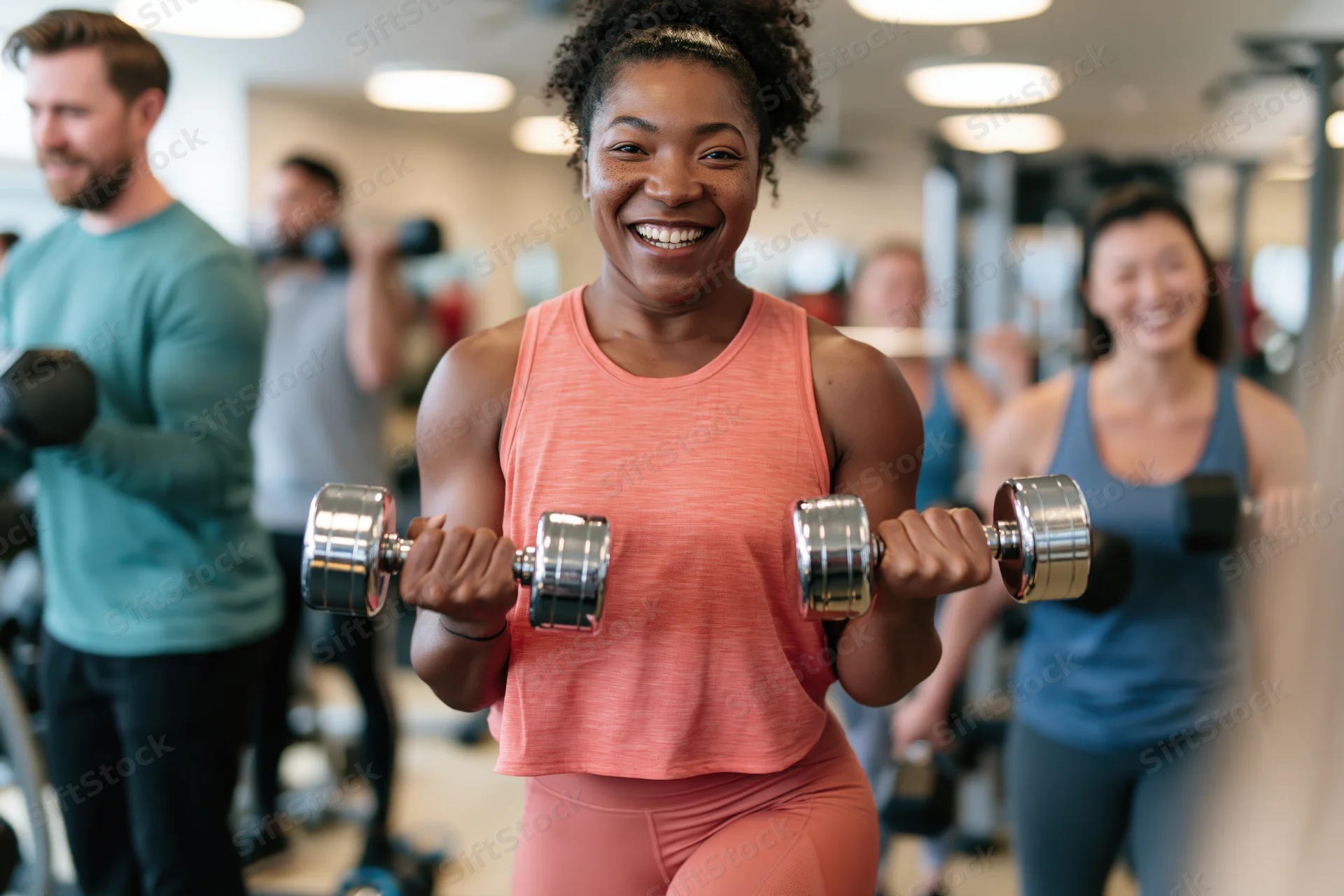 Smiling black woman lifting dumbbells in a group gym class