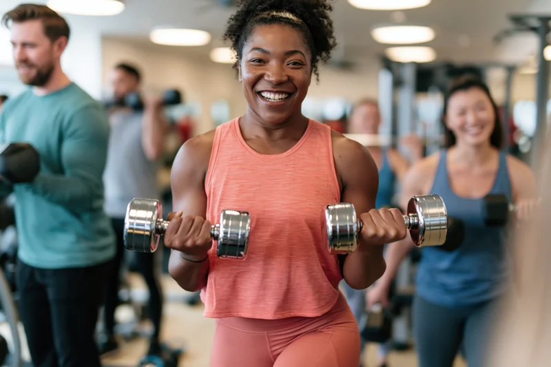 Smiling black woman lifting dumbbells in a group gym class