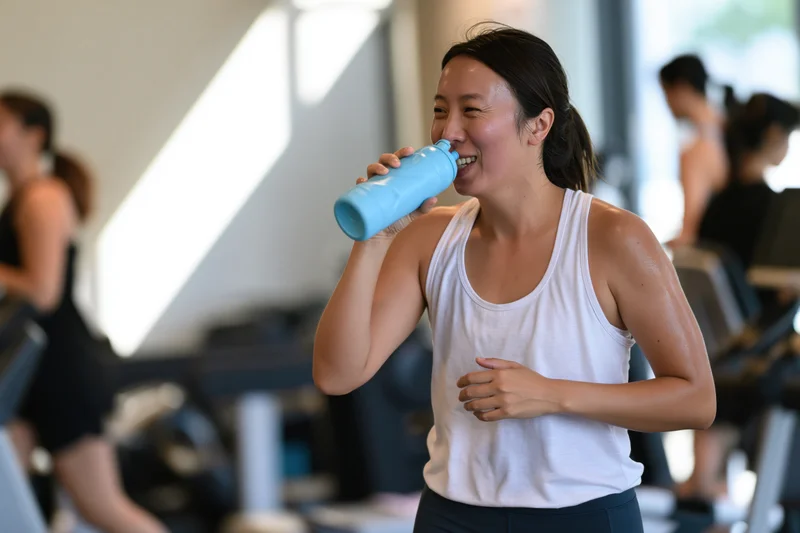 Asian woman smiling while drinking from a water bottle during a gym workout