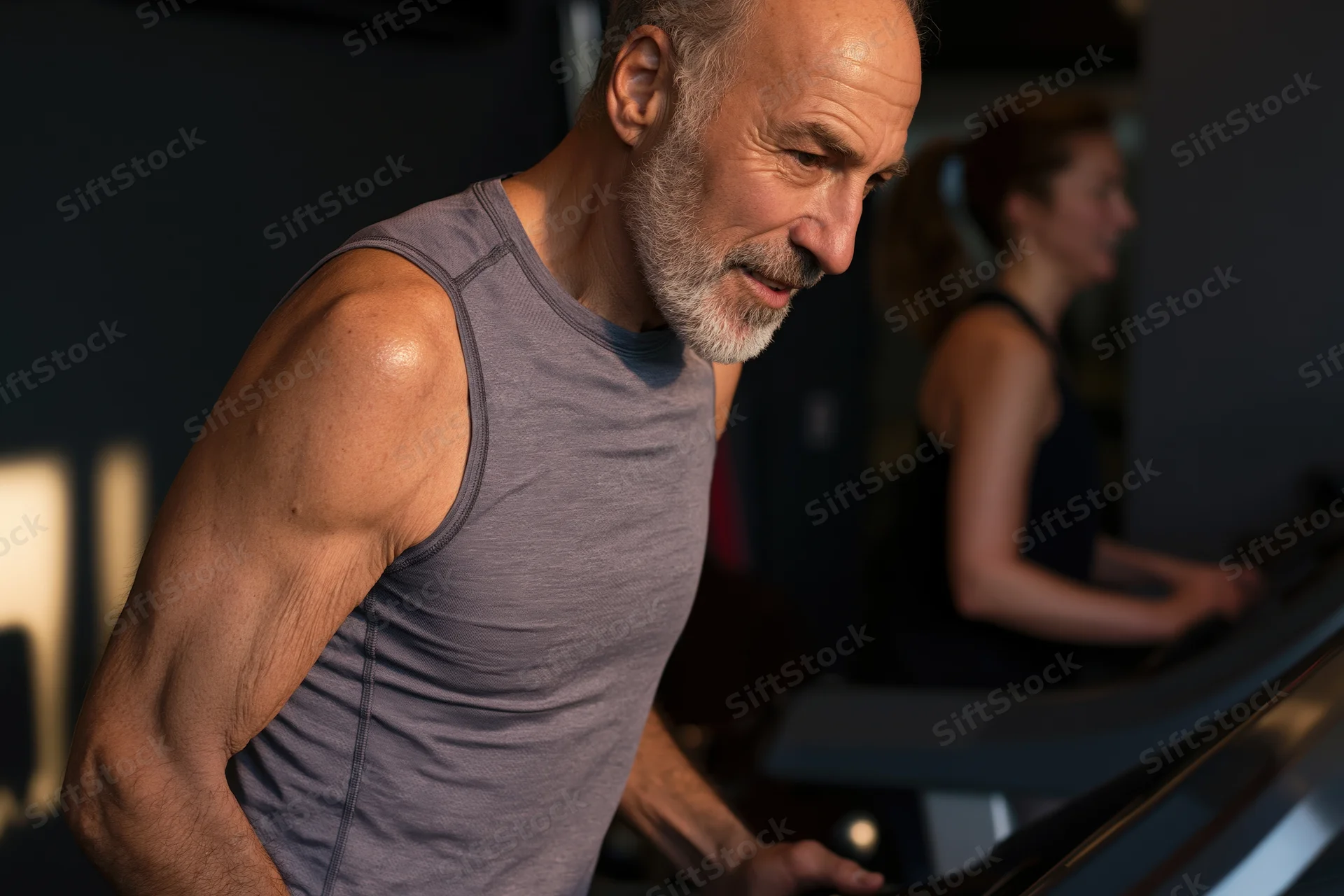 Senior man running on treadmill in gym with focused expression