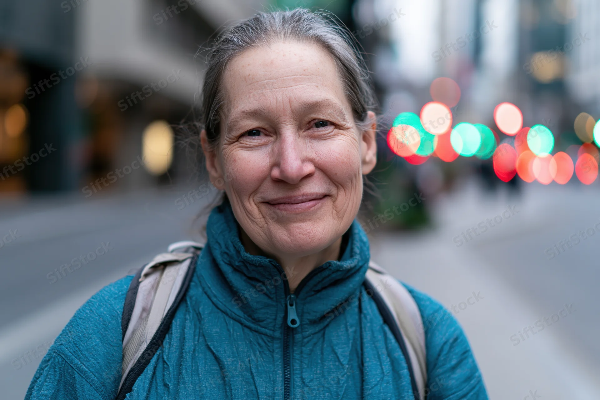 Mature woman smiling in a city street with backpack and blurred traffic lights behind her