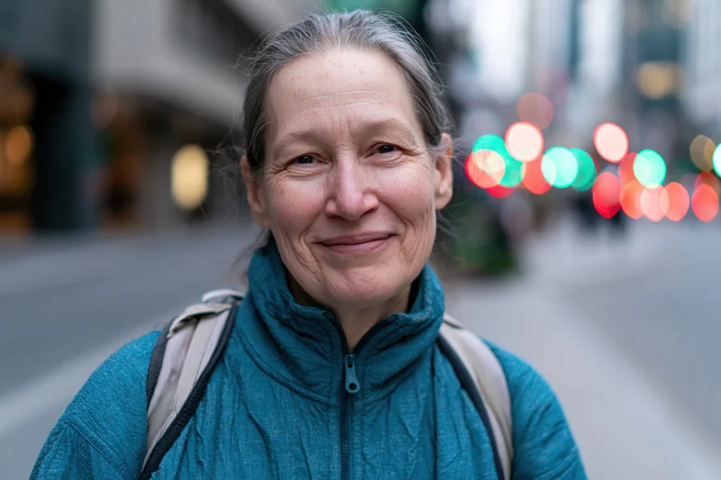 Mature woman smiling in a city street with backpack and blurred traffic lights behind her
