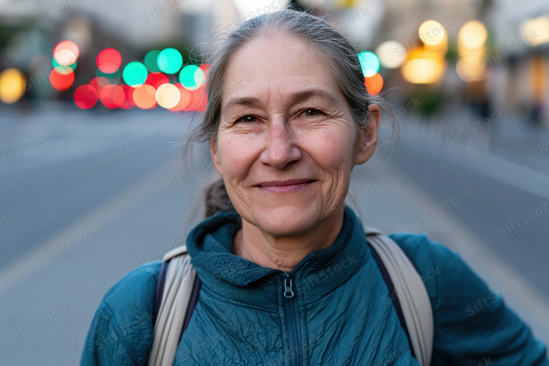 Mature woman smiling at camera on city street at twilight with backpack and blurred traffic lights in background