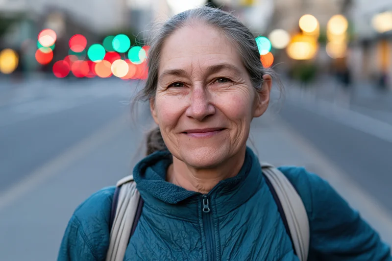Mature woman smiling at camera on city street at twilight with backpack and blurred traffic lights in background