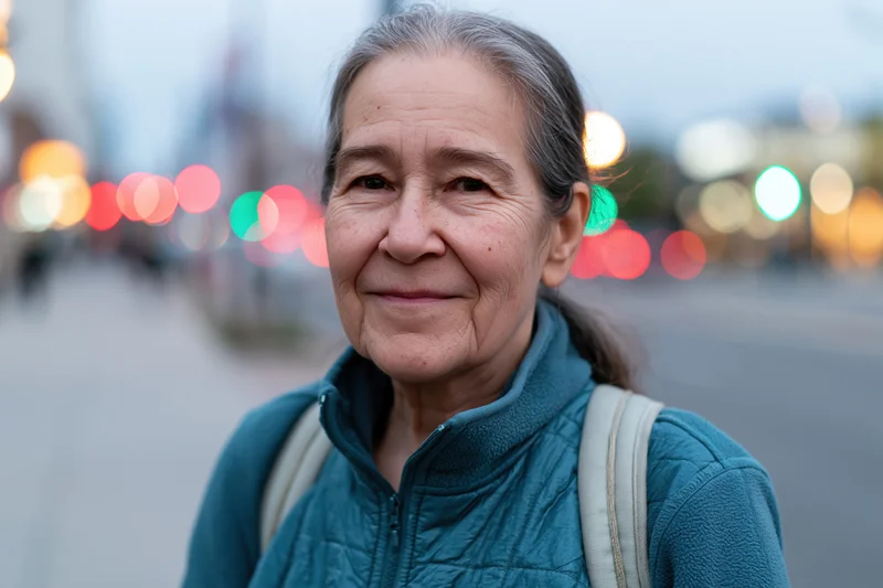 Smiling senior woman in teal fleece jacket with backpack on city street at twilight