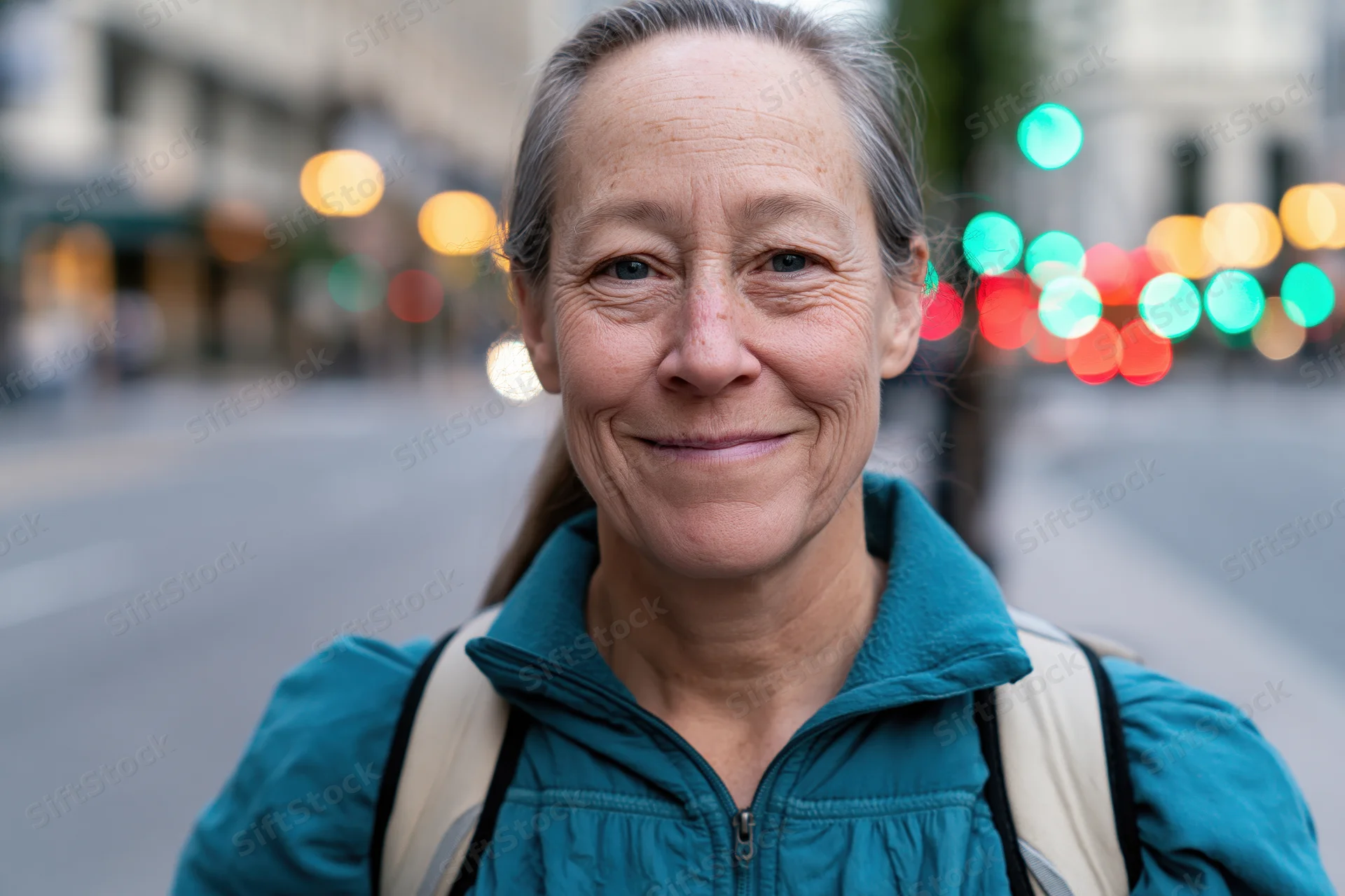 Mature woman smiling in a city street with blurred lights in the background