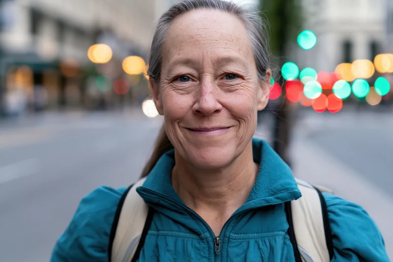 Mature woman smiling in a city street with blurred lights in the background