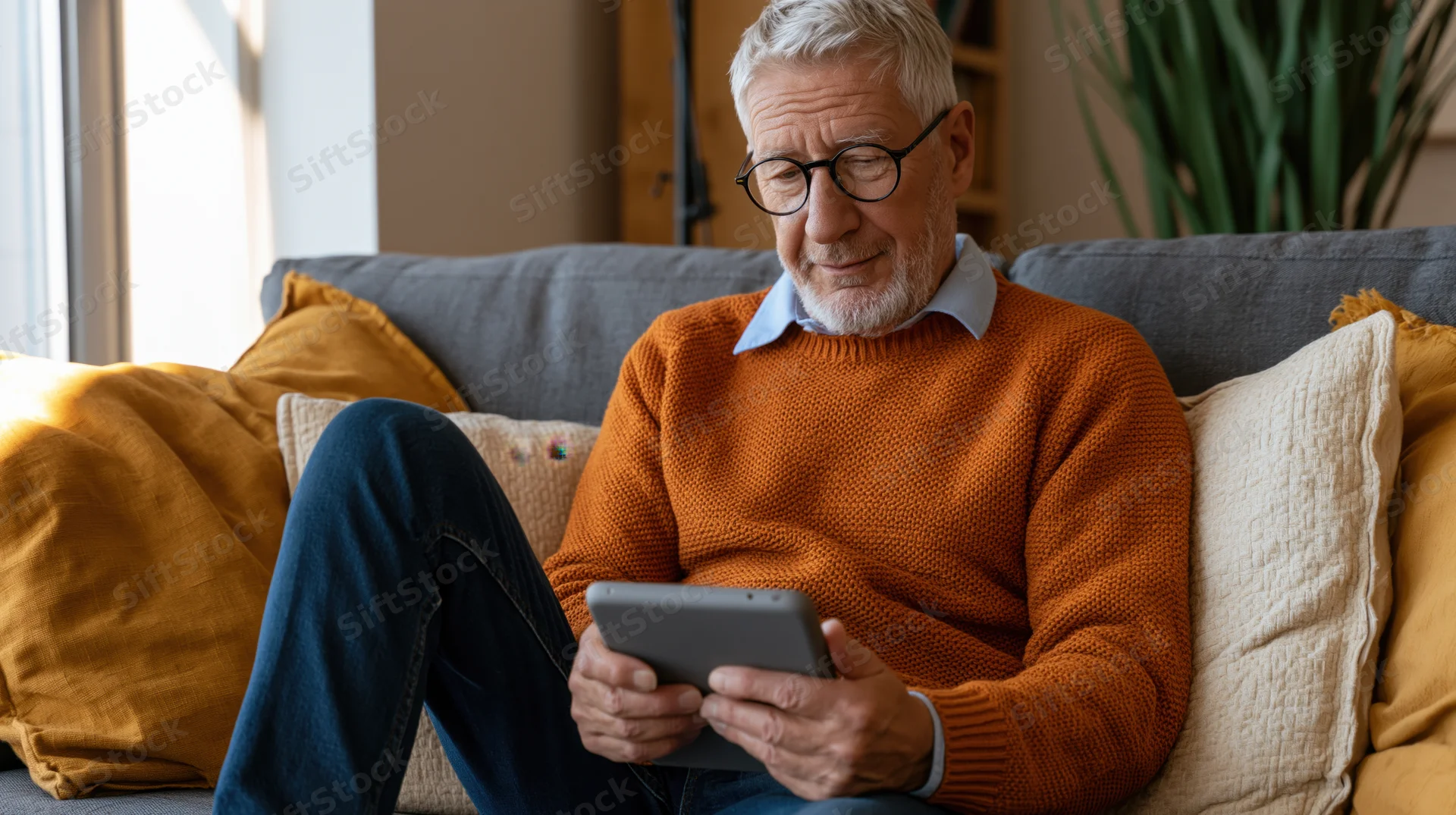 Senior man smiling while using tablet on couch in living room