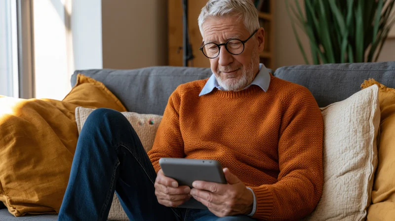 Senior man smiling while using tablet on couch in living room