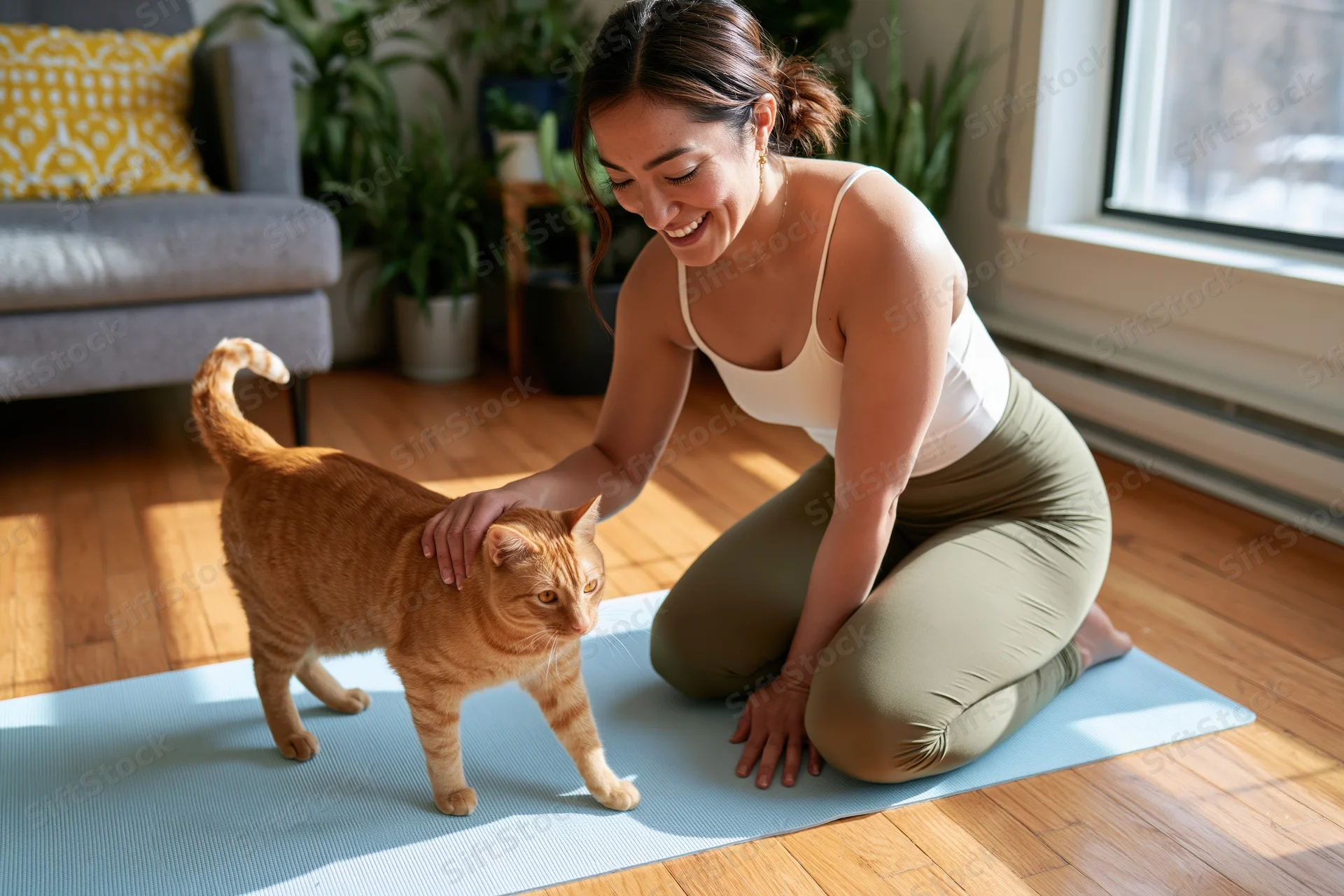 Woman kneeling on yoga mat petting orange cat in sunlit living room