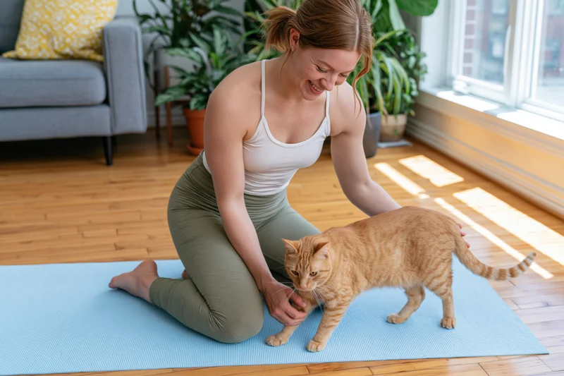 Woman kneeling on yoga mat petting cat in living room