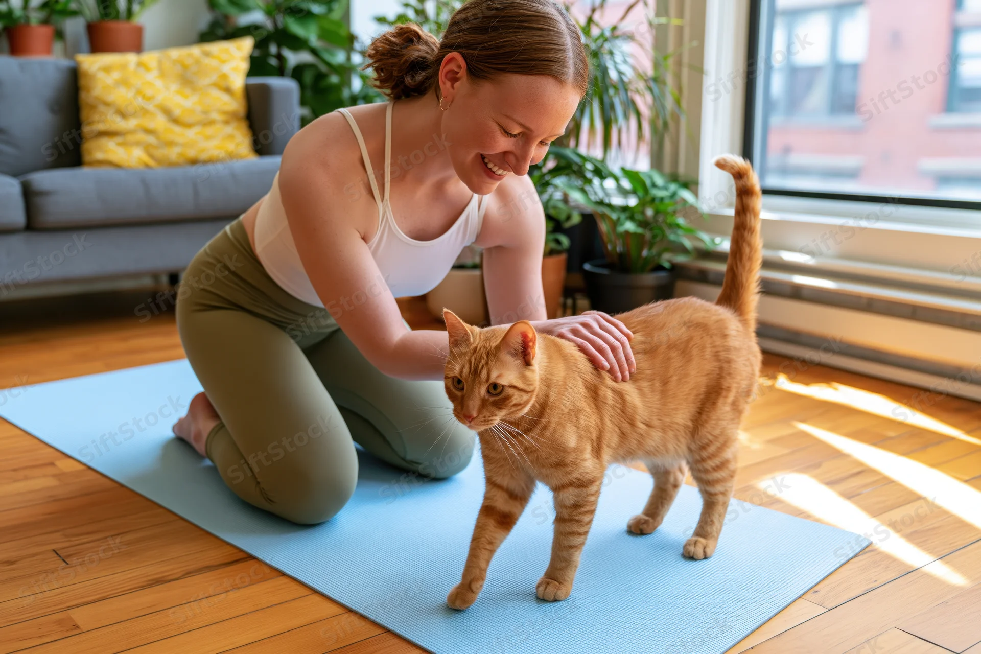 Woman kneeling on yoga mat petting ginger cat in sunlit living room