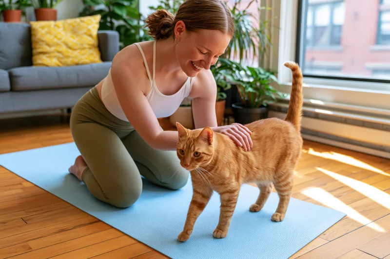 Woman kneeling on yoga mat petting ginger cat in sunlit living room