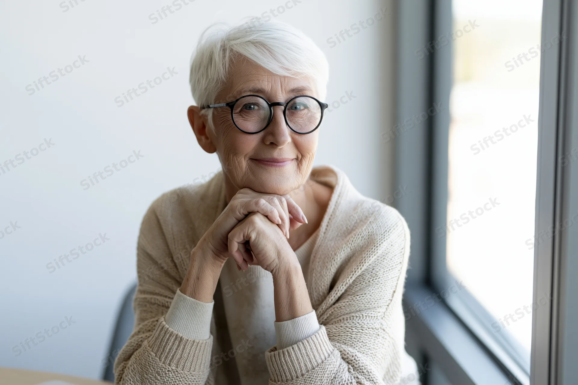 Senior woman with short white hair and round glasses resting her chin on clasped hands by a window indoors