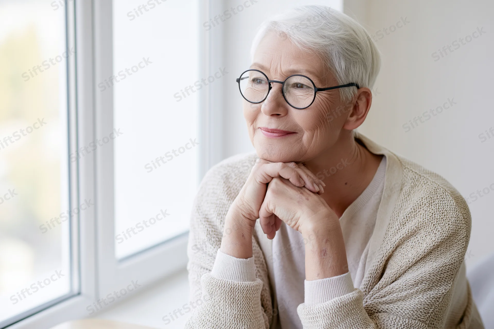 Senior woman with short white hair and round glasses sitting by window, hands clasped under chin, smiling thoughtfully in natural light