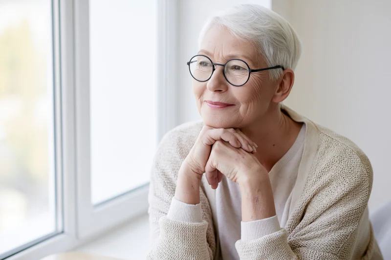 Senior woman with short white hair and round glasses sitting by window, hands clasped under chin, smiling thoughtfully in natural light