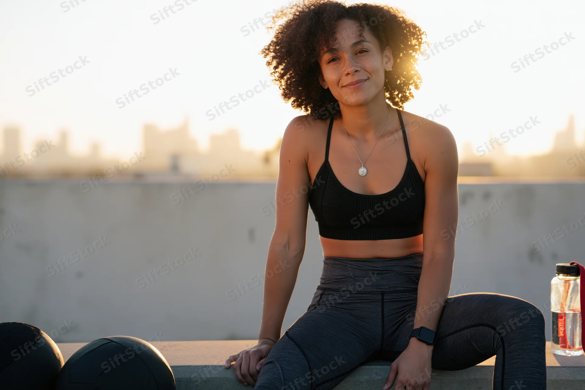 Woman in sportswear sitting on rooftop ledge at golden hour with city skyline behind her