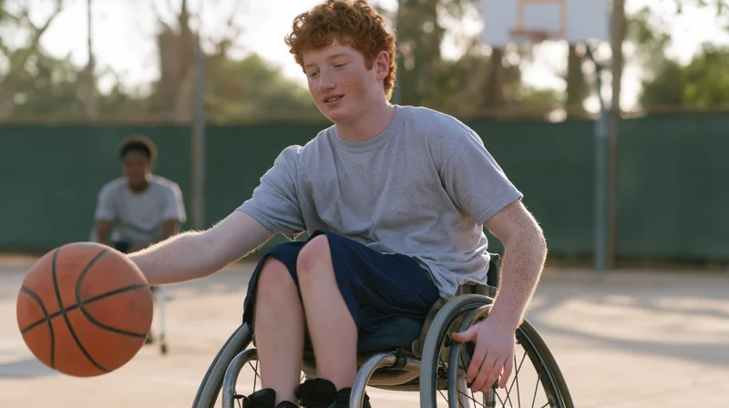 Young man in wheelchair dribbling basketball on outdoor court