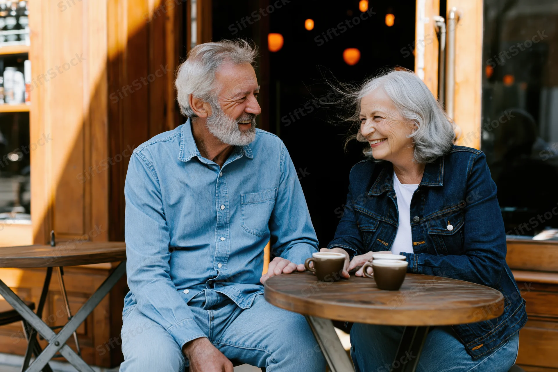 Senior couple smiling and laughing while sitting at a wooden table with coffee cups outside a cafe