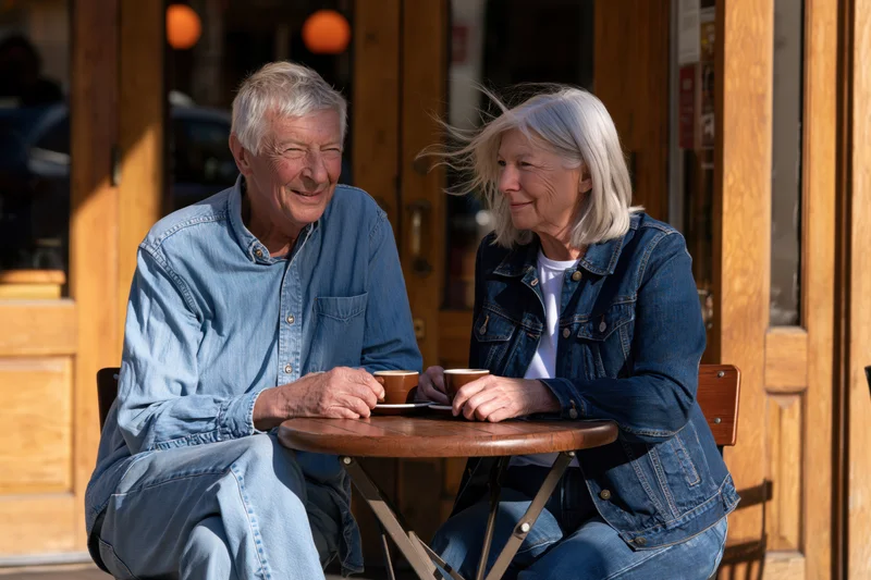 Senior couple smiling and talking over coffee at outdoor cafe table