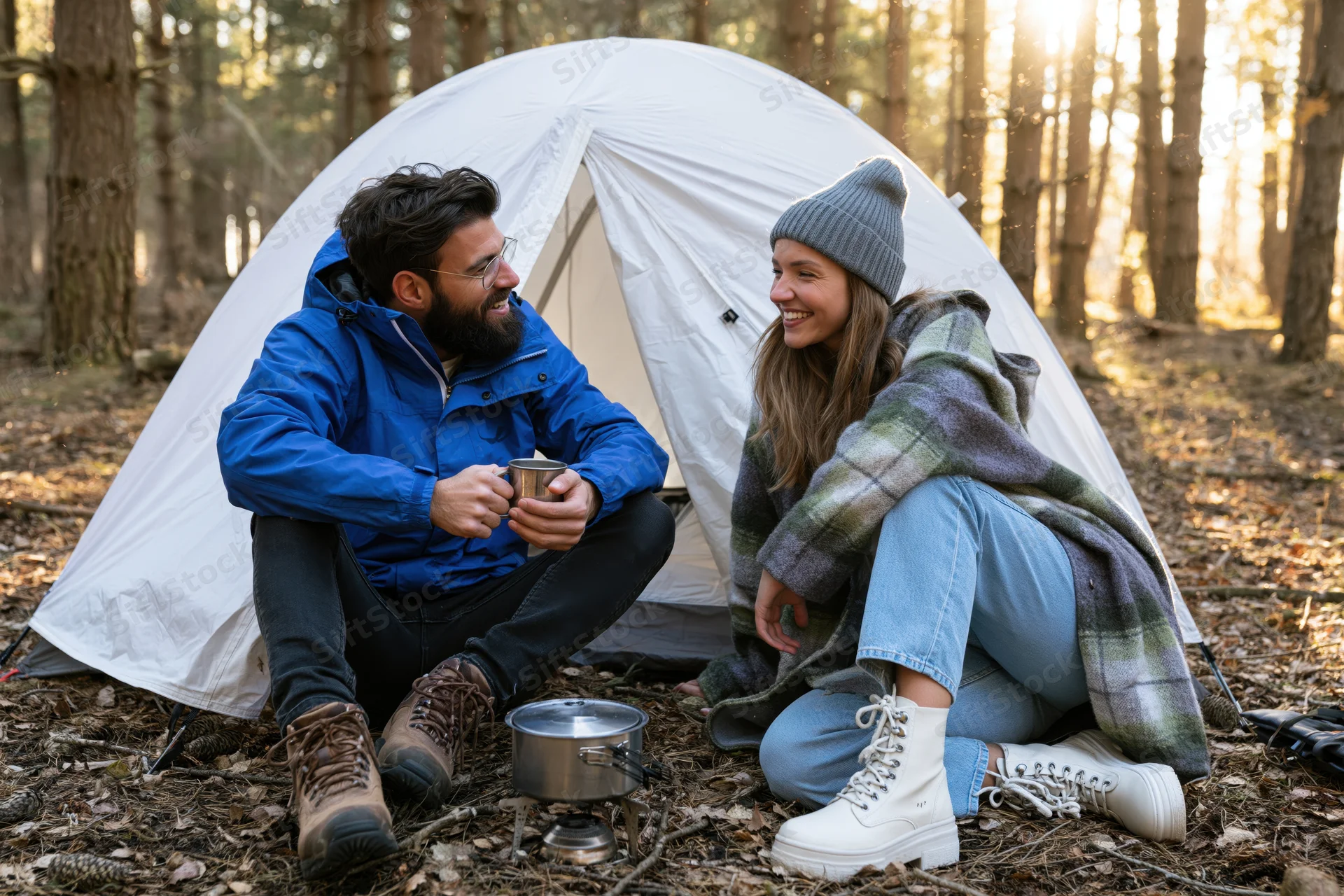 Couple smiling and laughing while camping in a pine forest with a tent and camping gear
