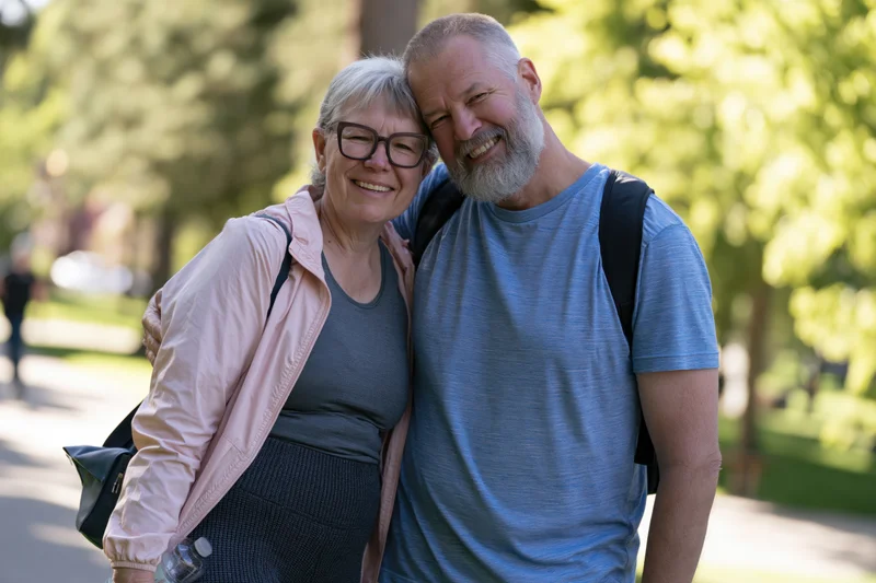 Smiling senior couple embracing outdoors in a park with trees and sunlight