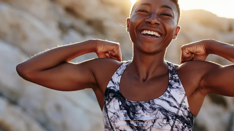 Black woman flexing her arms in sportswear outdoors at golden hour