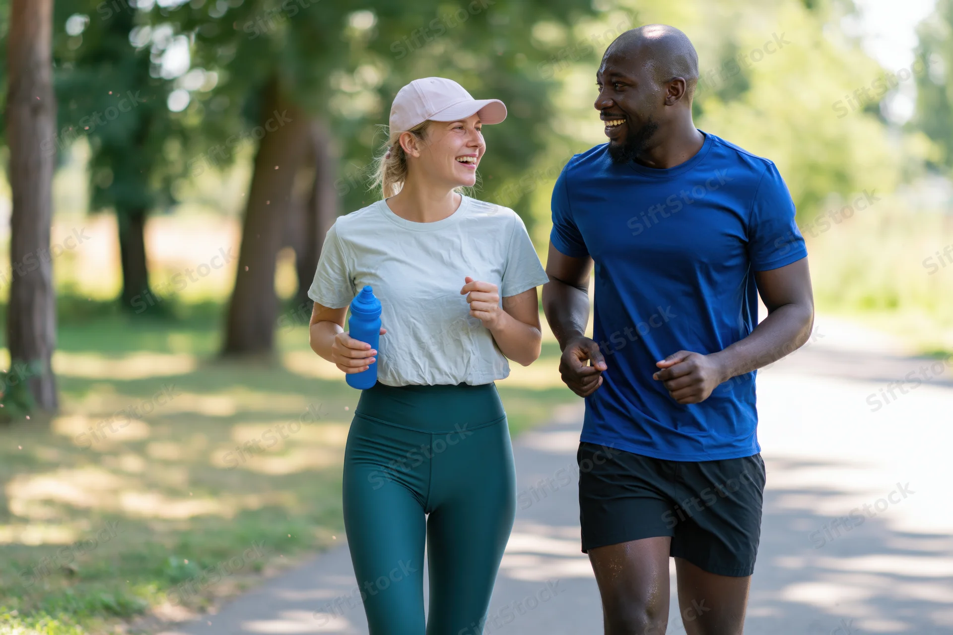 Couple running together on a park path smiling and talking