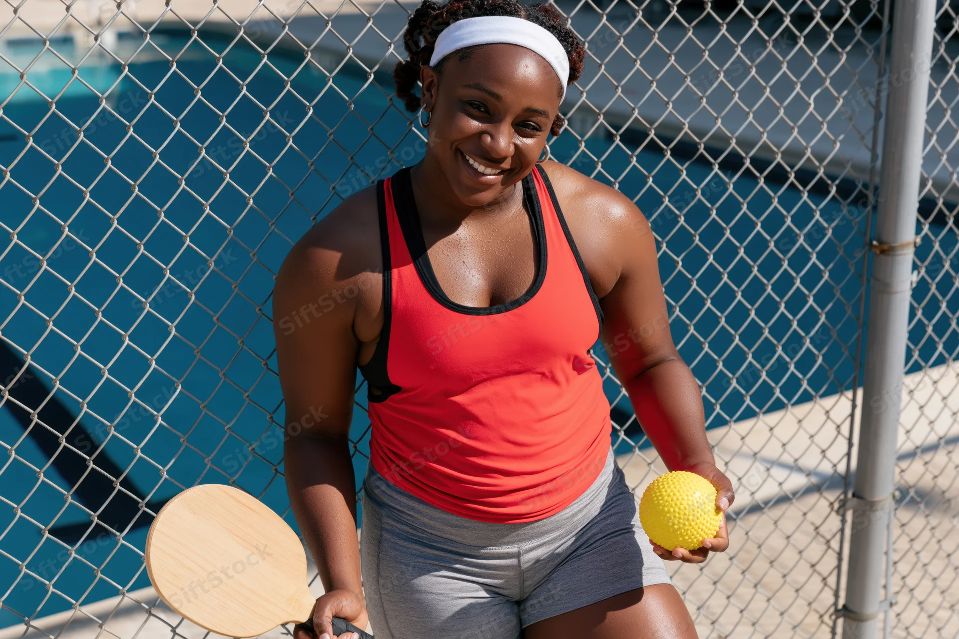 Smiling black woman holding pickleball paddle and ball by poolside fence