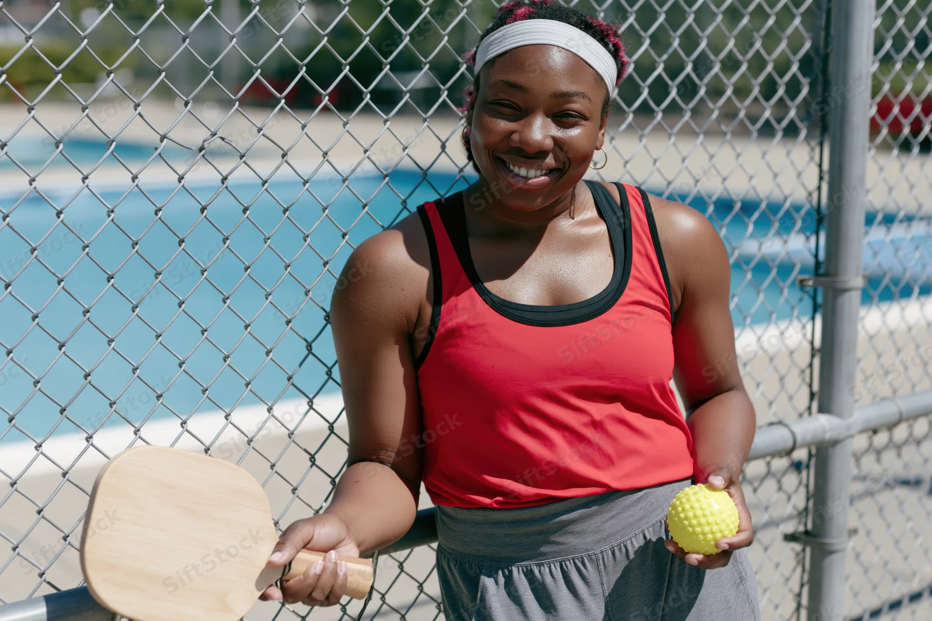 Woman holding pickleball paddle and ball smiling by poolside fence