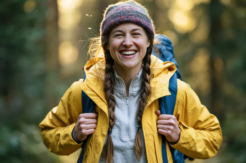 Woman smiling while hiking in a forest with backpack and yellow jacket