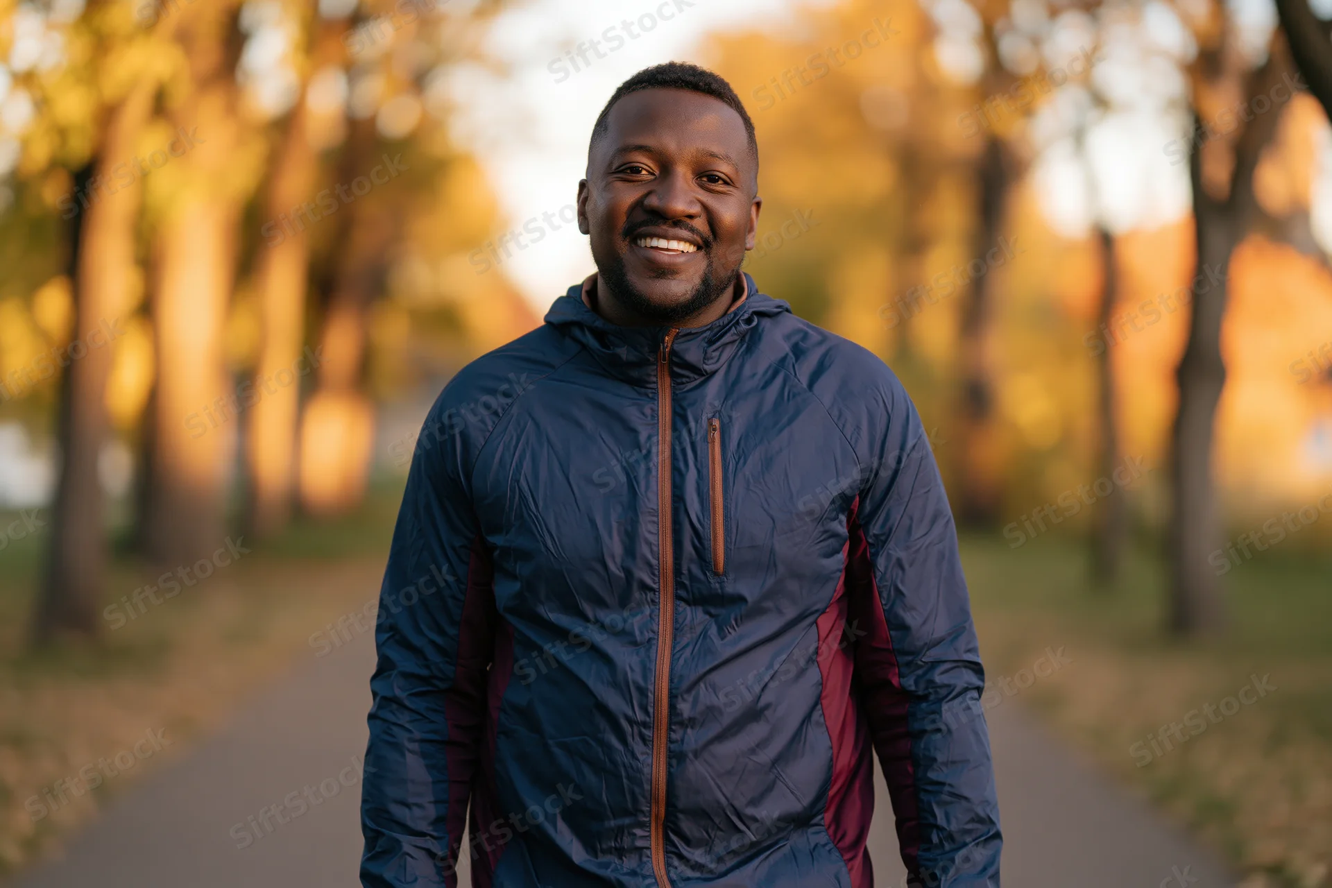 Smiling black man in hooded jacket standing on park pathway surrounded by autumn trees