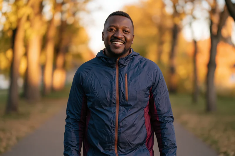 Smiling black man in hooded jacket standing on park pathway surrounded by autumn trees