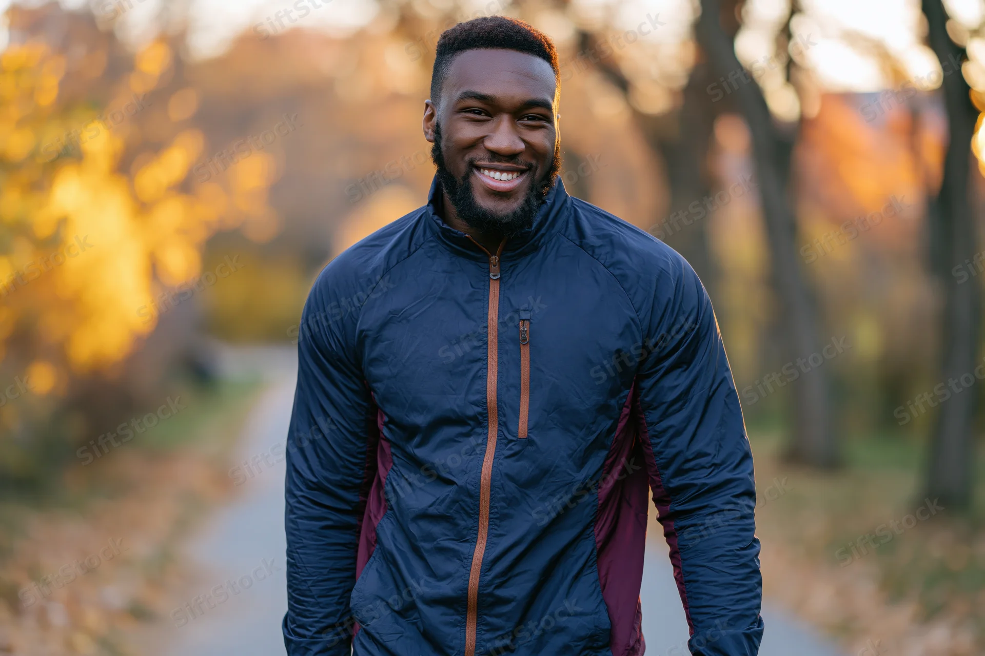 Smiling black man in navy jacket walking on park path during autumn golden hour