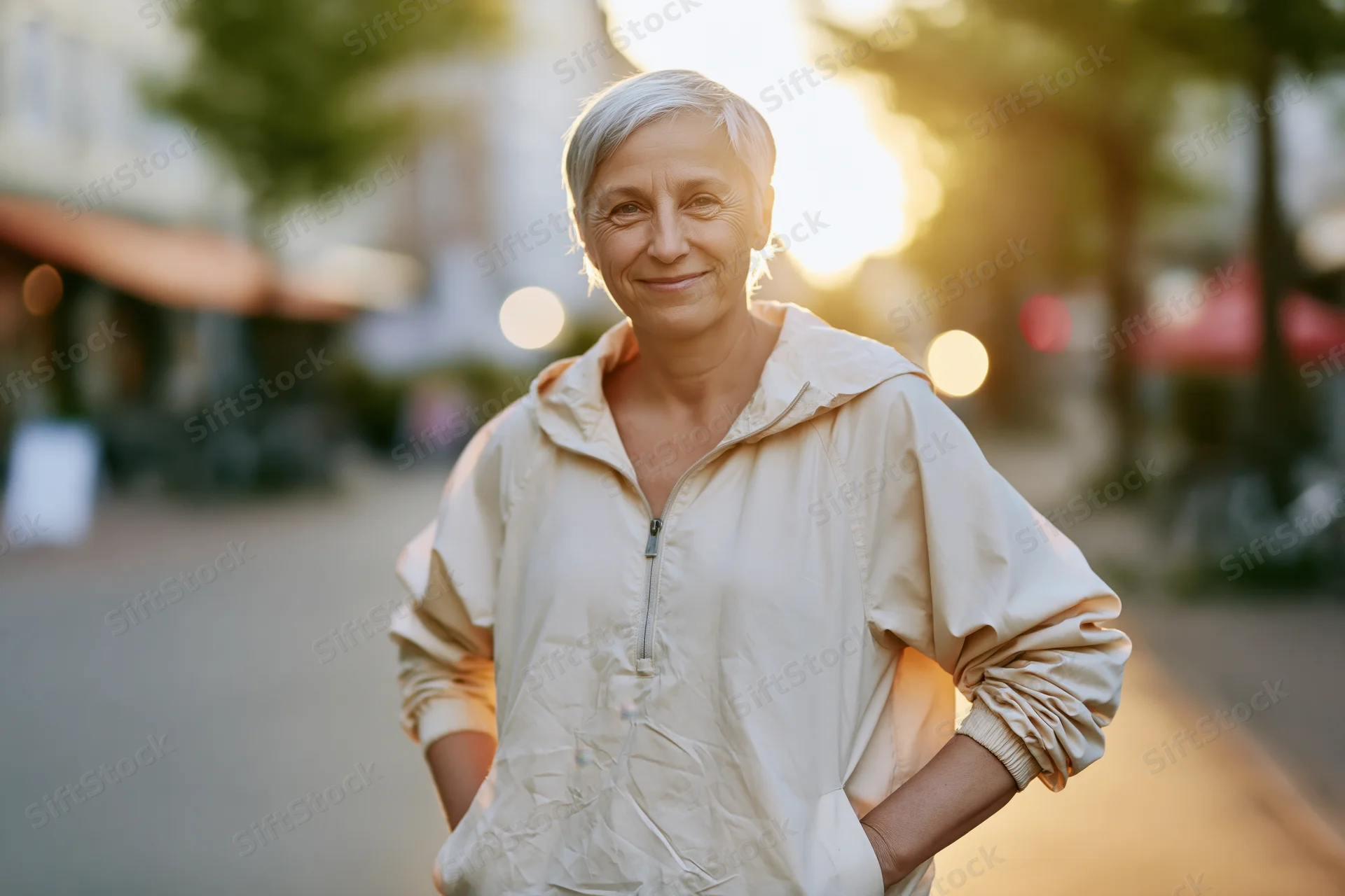 Smiling mature woman in beige hooded jacket standing on city street at sunset