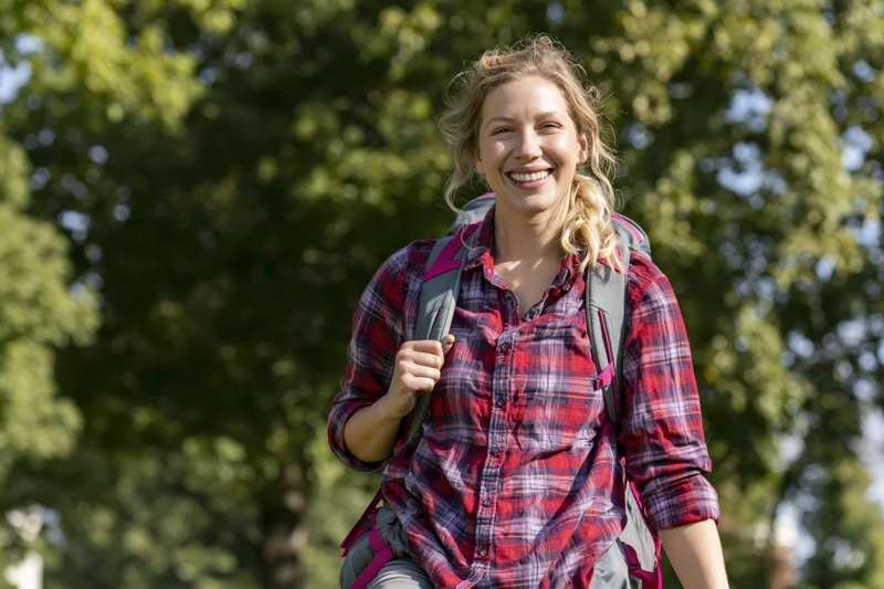 Smiling woman hiking with backpack in a sunlit forest