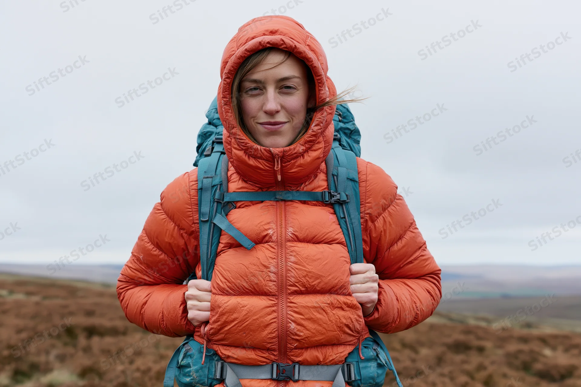 Woman hiking with backpack in moorland landscape wearing orange hooded puffer jacket