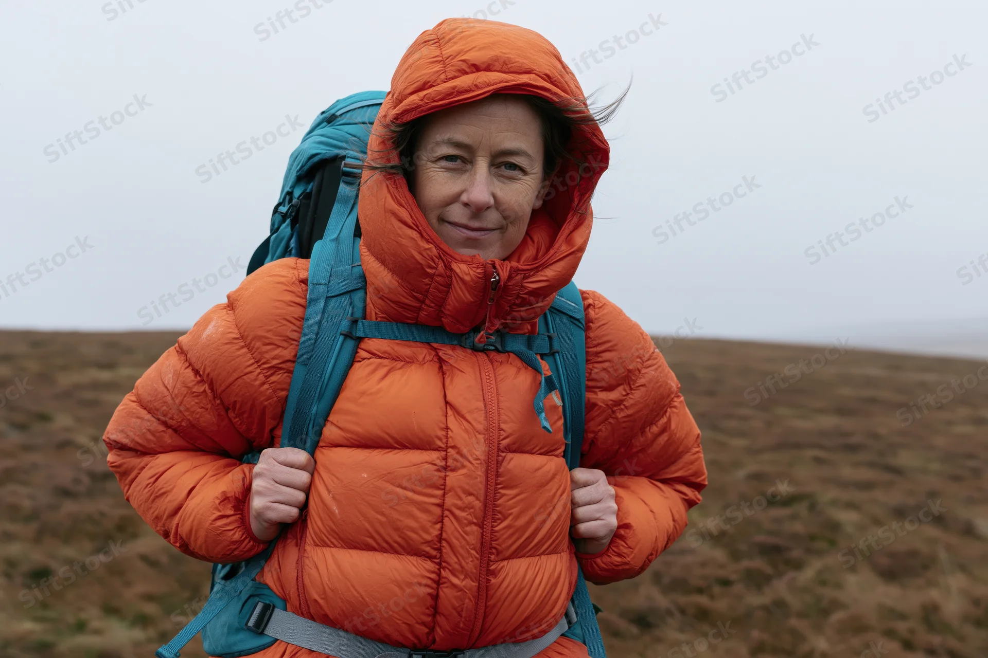 Woman hiking in orange jacket with blue backpack on moorland trail